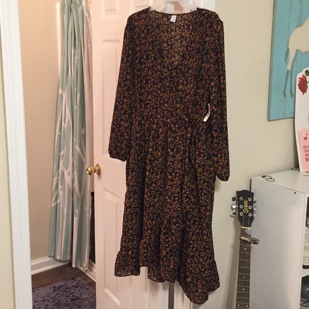 Fall floral patterned faux wrap dress